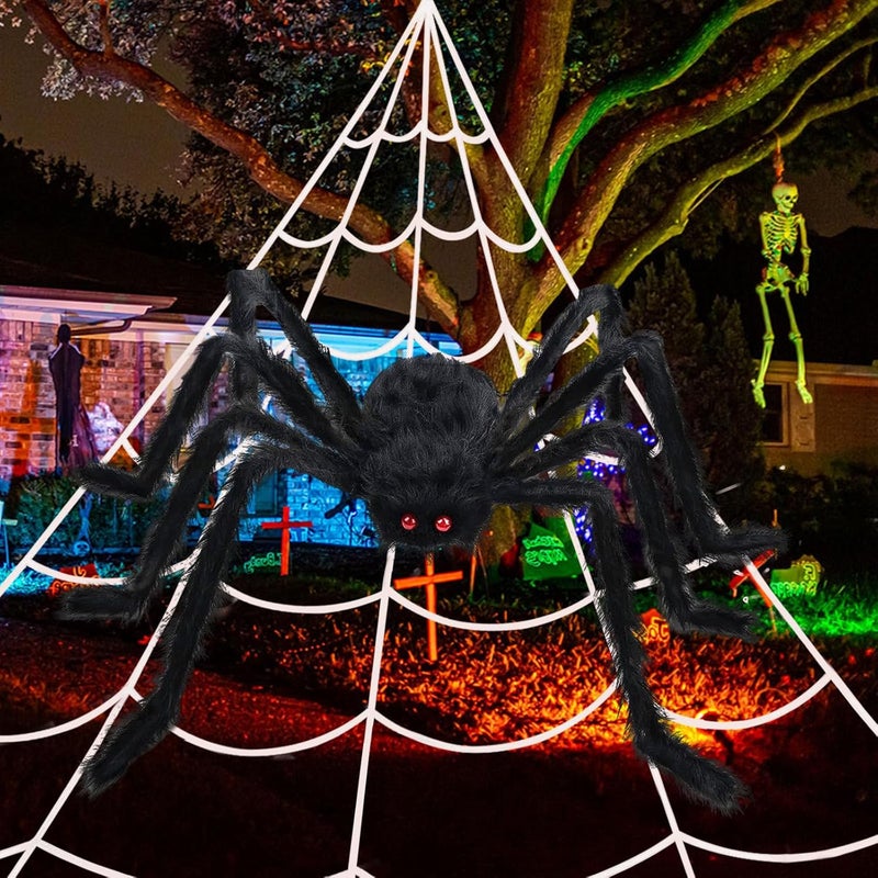 Crogift 200" Halloween Spider Web and 59" Giant Spider Decorations, Scary Fake Spider with Huge Triangular Stretchy Web for Outdoor Yard, Haunted Houses, and Indoor Parties Decor Supplies - Image 5